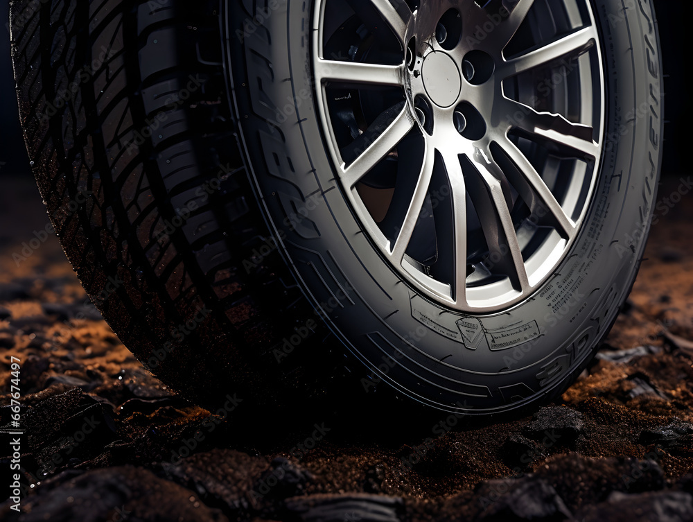 A detailed view of a luxurious car wheel with an intricate rim design, highlighting modern automotive elegance.