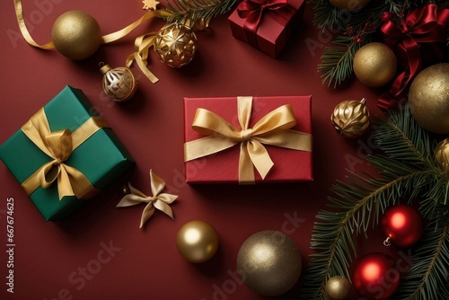A festive environment with Christmas gifts and decorations on a flat red background. Perfect for holiday marketing and advertising. Green and red gifts are usually predominant. © sebas