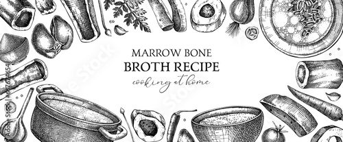 Healthy food background. Marrow bone broth banner. Hot soup on plates, pans, bowls, organ meat, vegetables, marrow bones sketches. Hand drawn vector illustrations. Homemade food ingredient