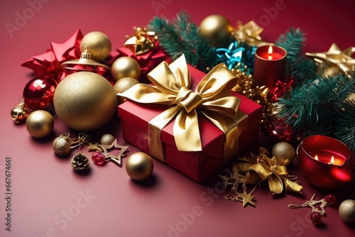 A festive environment with Christmas gifts and decorations on a flat red background. Perfect for holiday marketing and advertising. Green and red gifts are usually predominant.