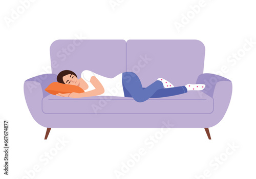 The girl sleeps sweetly or relaxes on the sofa