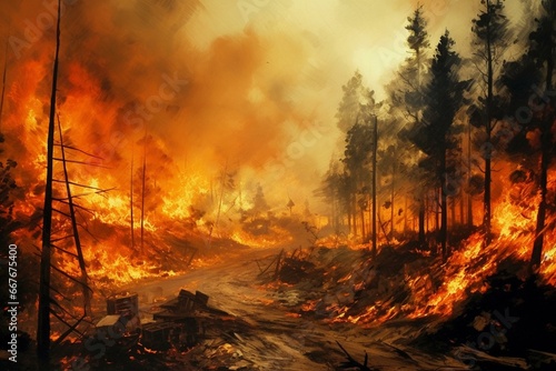 violent forest fire, devastating conflagration, urgent response. Generative AI
