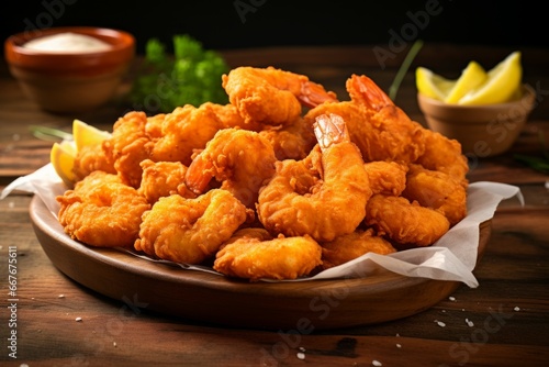 Savory Fried shrimp breaded. Fish food. Generate Ai
