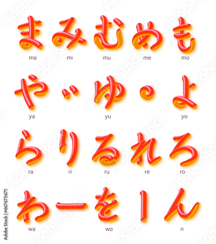 Japanese hiragana_まみむめも_やゆよ_らりるれろ_わをん_赤 photo