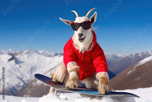 Funny goat in the mountains with snowboard wearing sunglasses and winter clothes