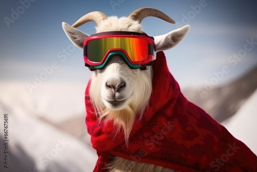 Funny goat in the mountains wearing ski googles and winter clothes photo