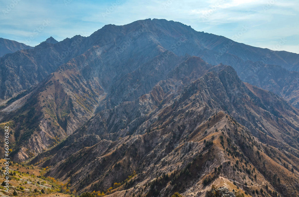 Greater Chimgan scenic view from Sandy Pass trail in Chatkal mountains (Bostanliq district, Tashkent region, Uzbekistan)