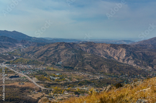 Chimgan village scenic view from Sandy Pass trail in Chatkal mountains  Bostanliq district  Tashkent region  Uzbekistan 