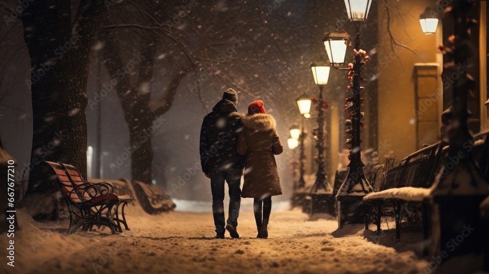 A couple strolls arm-in-arm through a snow-kissed street, vintage lanterns casting a warm glow, as winter's serenity envelops the scene. A couple strolls arm-in-arm through a snow-kissed street, vintage lanterns casting a warm glow, as winter's serenity envelops the scene.