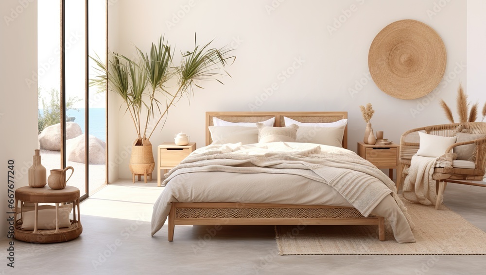A bright bedroom with a bed, plants, and a sea view through a panoramic window. Ecolodge house interior. A bright bedroom with a bed, plants, and a sea view through a panoramic window. Ecolodge house interior.