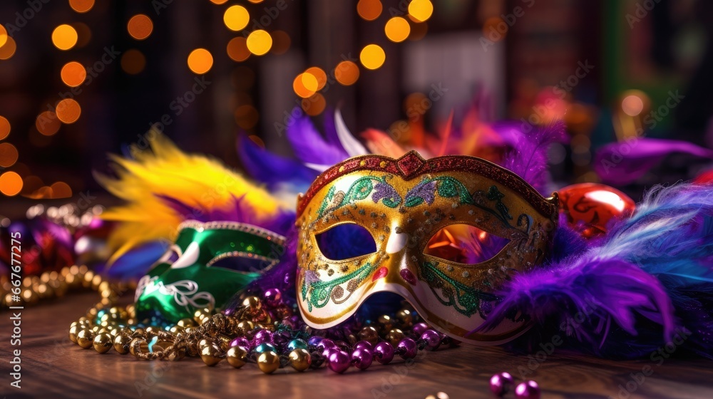 Elegant masquerade masks adorned with vibrant feathers and shimmering beads, set against a backdrop of glowing bokeh lights.