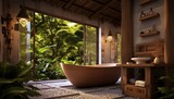 Bathroom with wooden elements, filled with plants and overlooking a forest through a large window. Ecolodge house interior.