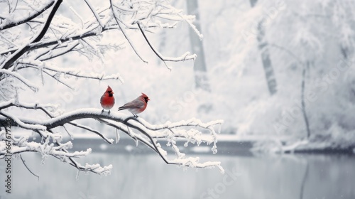 Two cardinals perch on a snowy branch, set against a backdrop of snow-covered trees and a calm lake. photo