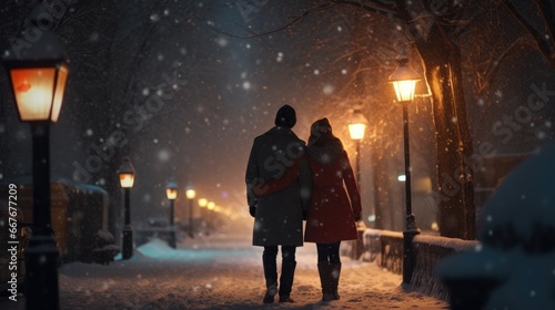 A couple walks arm in arm on a snowy street lit by lanterns. Gentle snowflakes fall, creating a romantic winter atmosphere.