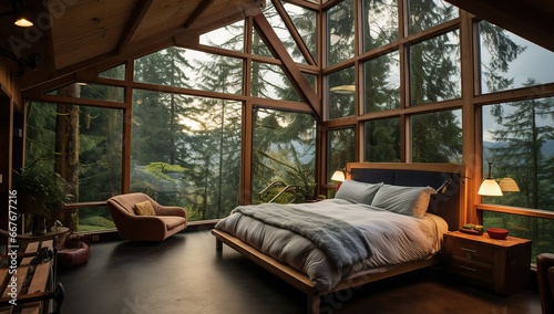 Cozy bedroom with panoramic windows overlooking the forest. Ecolodge house interior.