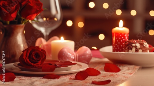 A romantic ambiance with a vase of radiant red roses  a single rose resting on a plate  surrounded by scattered petals. In the backdrop  a chocolate dessert  candles  and soft bokeh lights.