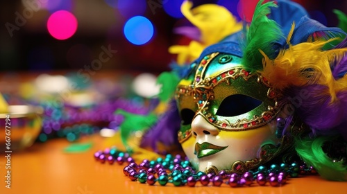 Close-up of a vibrant masquerade mask adorned with jewels and feathers, resting on a table with colorful beads, set against a bokeh light backdrop.