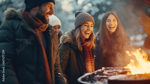 A group of friends laugh together beside a fiery grill in a snowy setting, illuminated by the golden light of dusk.