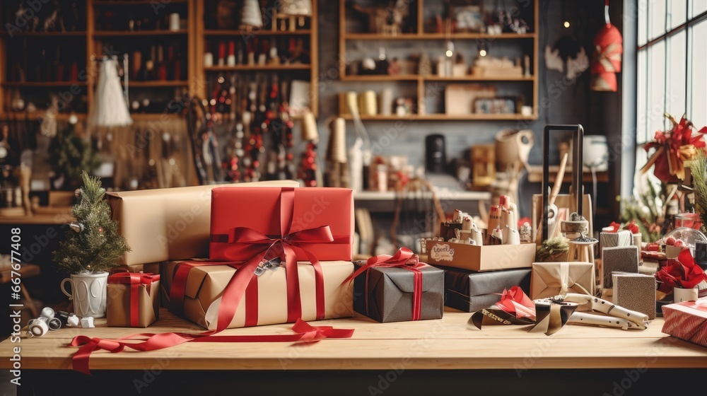 Variety of wrapped Christmas gifts on a wooden table, set against a cozy workshop backdrop filled with festive decorations and crafting tools. - obrazy, fototapety, plakaty 