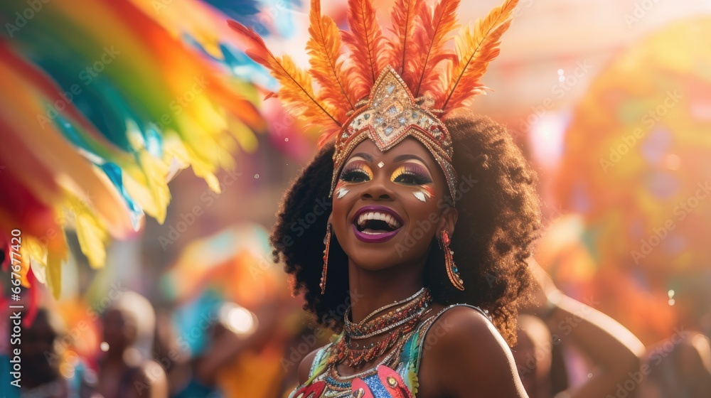 A vibrant woman in colorful carnival attire, with a feathered headdress, bright makeup, and bejeweled accessories, radiates joy amidst a blurred festival backdrop.