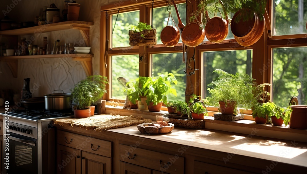 Kitchen lit by daylight with green plants on the windowsill and kitchenware. Ecolodge house interior.