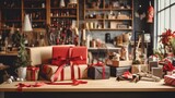 Variety of wrapped Christmas gifts on a wooden table, set against a cozy workshop backdrop filled with festive decorations and crafting tools.