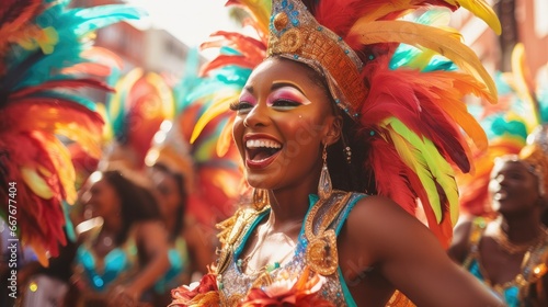 Joyful woman in golden carnival attire, adorned with a feathered headdress and vibrant makeup, laughs heartily amidst a lively parade backdrop.