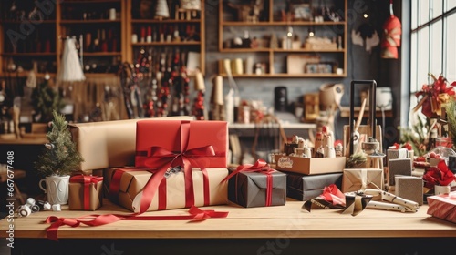 Variety of wrapped Christmas gifts on a wooden table, set against a cozy workshop backdrop filled with festive decorations and crafting tools. photo