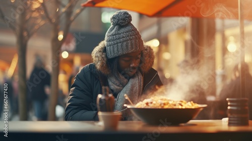 Man in winter clothing, engrossed in a steamy meal at an outdoor city cafe during golden hour.