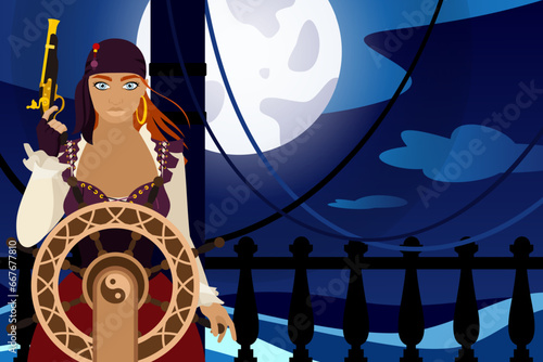 A pirate girl is sailing on a ship standing at the helm with a musket in her hand. Night pirate treasure hunting by moonlight. Vector illustration with a place for a logo or inscription. photo