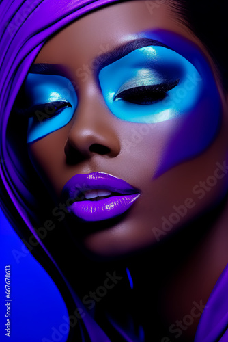 Woman with blue and purple make up on her face. Close up.