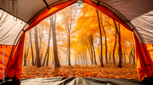 Traveler holding coffee relaxing inside a orange tent and enjoy the view of sunset on pine forest in national park. AI Generated