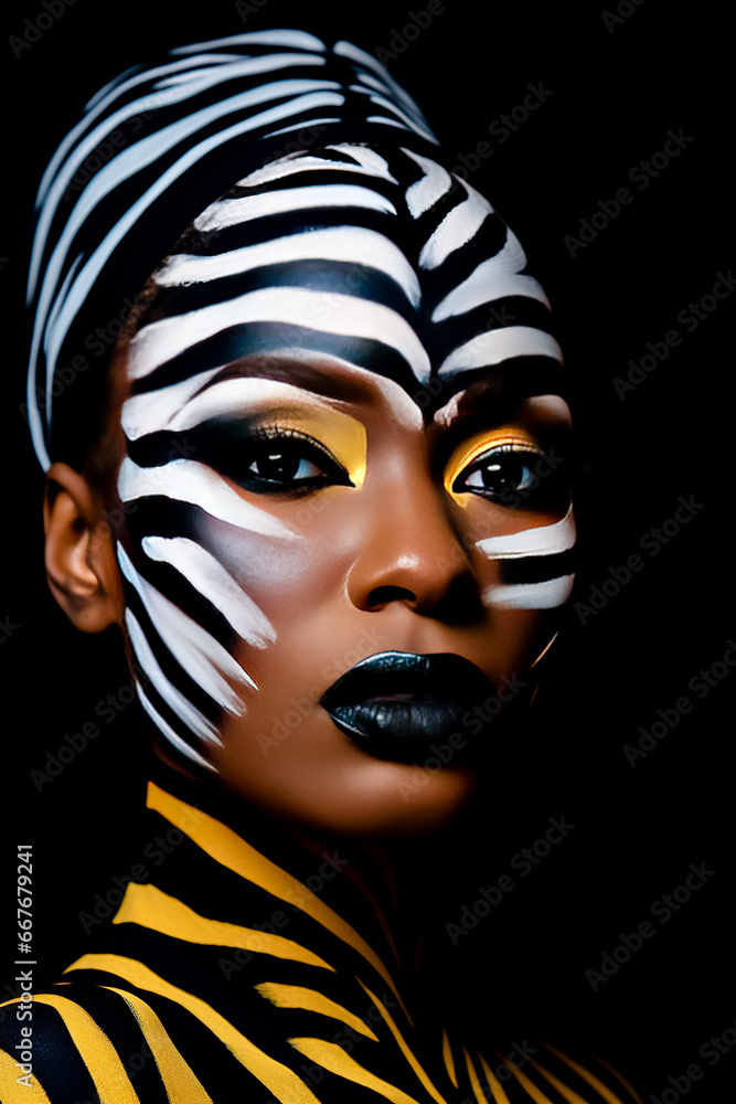 Photo of woman's face painted with zebra stripes. Close up. Photo of woman's face painted with zebra stripes. Close up.