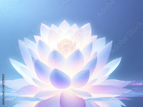 Fantasy white lotus flower with light sparkle on blue background