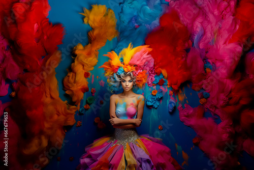 Image of woman in colorful dress with flowers in front of her. photo