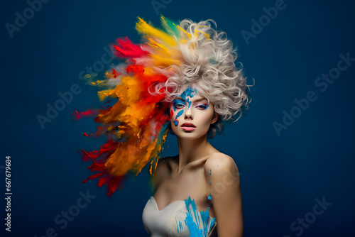 Photo of woman with multicolored hair in front of dark blue background.