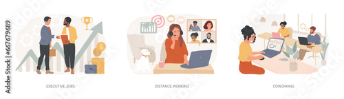 Job opportunity isolated concept vector illustration set. Executive jobs, distance working, coworking, professional growth, online team meeting, shared office space, collaboration vector concept.
