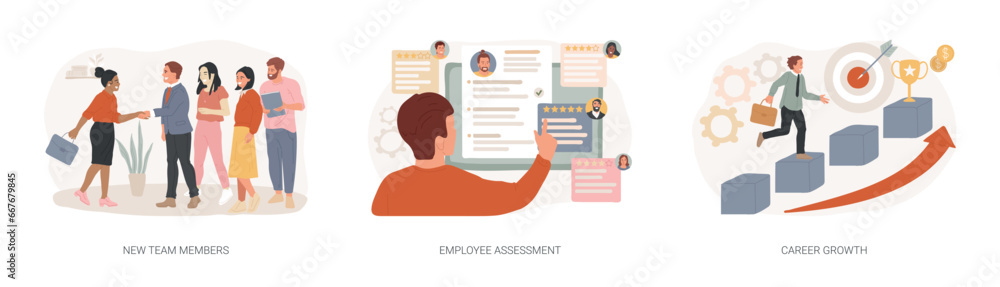 Career development isolated concept vector illustration set. New team members, employee assessment, career growth, performance review, SWOT analysis, job position, project team vector concept. Career development isolated concept vector illustration set. New team members, employee assessment, career growth, performance review, SWOT analysis, job position, project team vector concept.