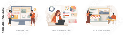 SMM strategy isolated concept vector illustration set. Content marketing, social network monitoring, social media dashboard, digital marketing, user engagement, report analysis vector concept.