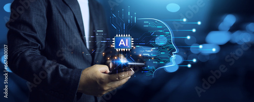 AI command prompt in smartphone and machine learning concept businessman using synchronize application with technology brain to futuristic business connection