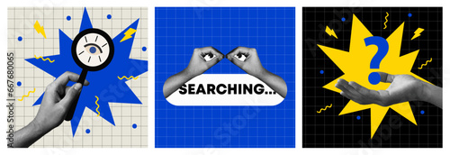 People looking, searching job, observing, watching, finding and discovering opportunities. Flat graphic vector collage illustrations