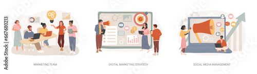 Digital marketing strategy isolated concept vector illustration set. Marketing team, social media management, SMM, brand insight, campaign strategy development, online channels vector concept.