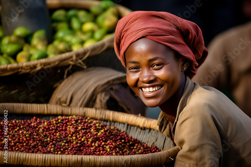Young coffee picker smiling in background with basket of coffee beans. photo