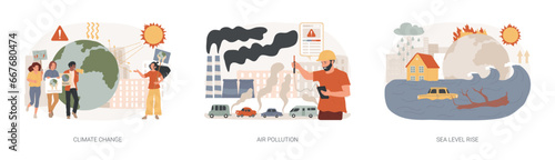 Greenhouse effect isolated concept vector illustration set. Climate change, air pollution, sea level rise, urban smog, global warming, melting ice, world ocean, factories pollution vector concept.