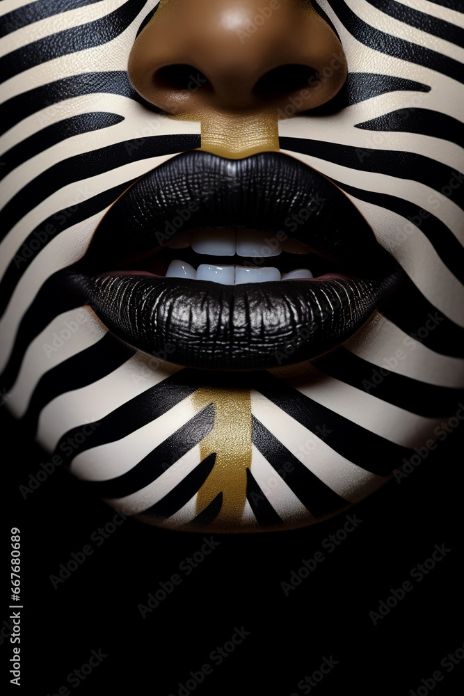 Photo of woman's face painted with zebra stripes. Close up.