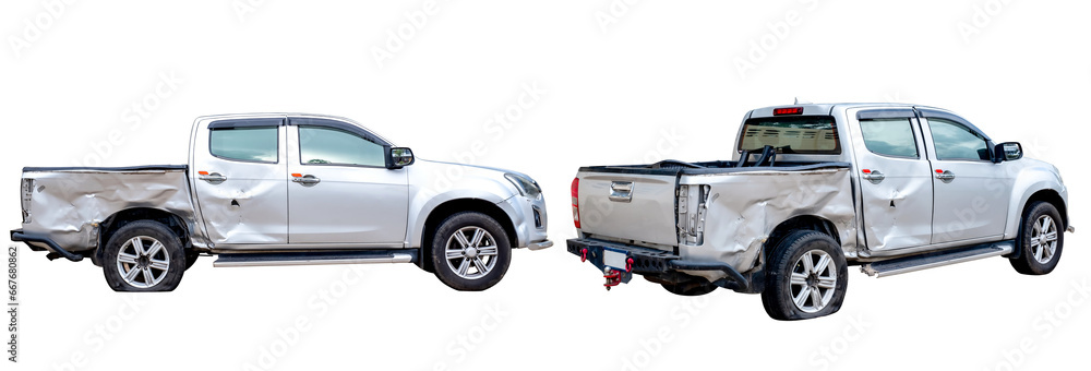 Set of Side view of gray or bronze pickup car get damaged by accident on the road. damaged cars after collision. isolated on transparent background, PNG File format - obrazy, fototapety, plakaty 