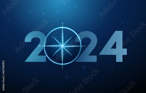 Abstract Happy 2024 New Year greeting card with compass. Low poly style design. Abstract geometric background.