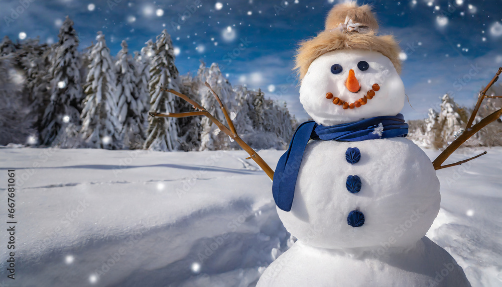 Fototapeta premium funny snowman in snow drifts