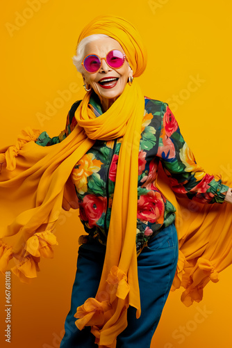 Older woman in glasses and colorful suit and colorful scarf laughs standing on yellow background.