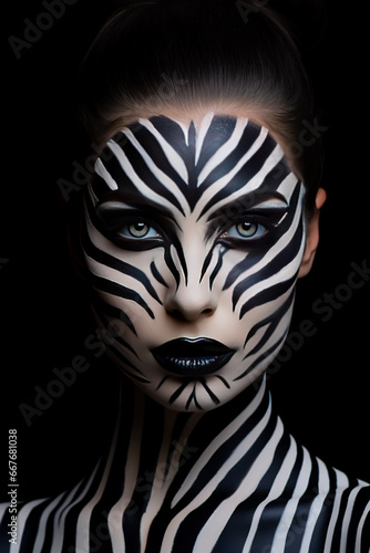 Photo of woman s face painted with zebra stripes. Close up.
